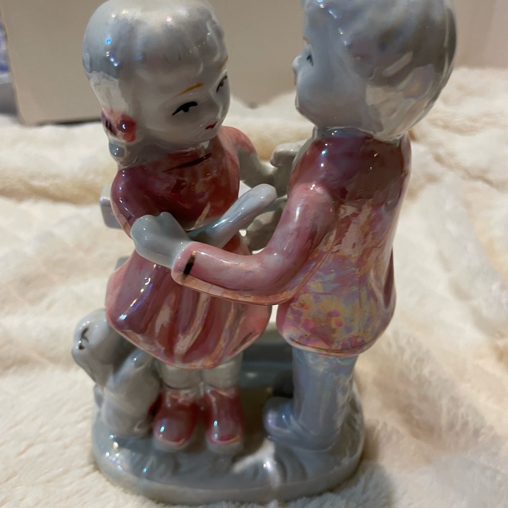 Vintage Lusterware Porcelain Figurine Boy/Girl Courting Puppy MCM